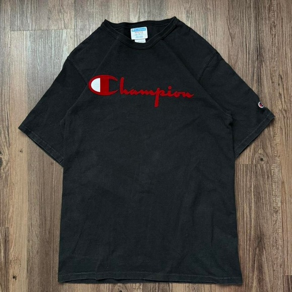 Champion‎ T Shirt Medium Black Spell Out Logo Short Sleeve Casual Menswear - Picture 1 of 6